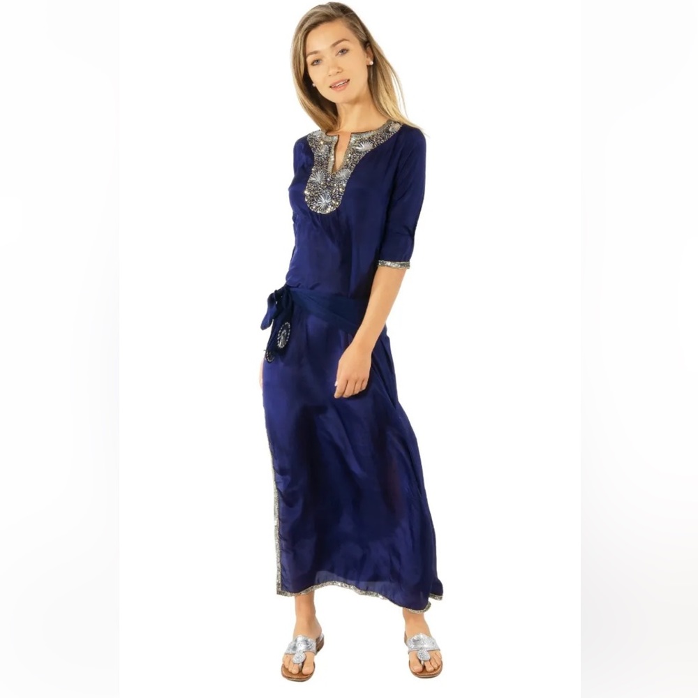 GRETCHEN SCOTT Silk Beaded Midi/Maxi Dress with Sash ✨ Starry Night Size M ✨ - Picture 5 of 16